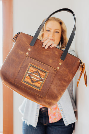 Zippered Belle Tote - Rustic Brown With Tooled Aztec