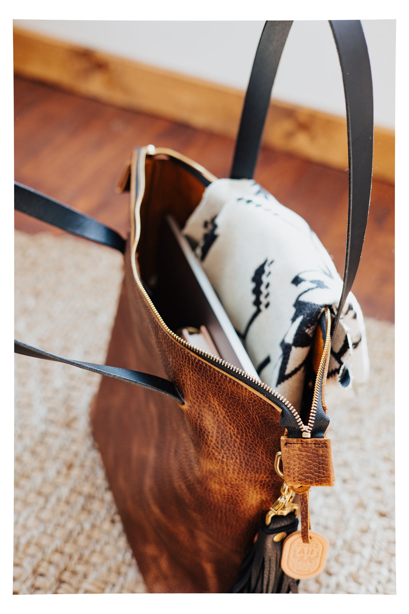 Zippered Belle Tote - Rustic Brown With Tooled Aztec