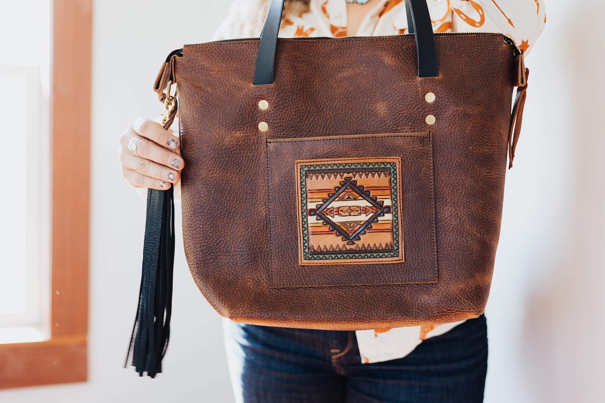 Zippered Belle Tote - Rustic Brown With Tooled Aztec