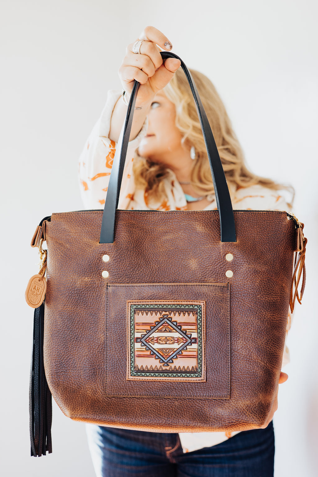 Zippered Belle Tote - Rustic Brown With Tooled Aztec