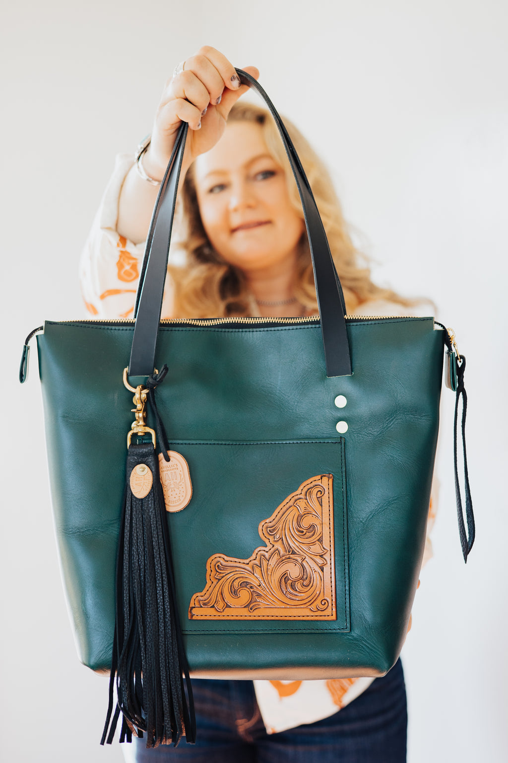 Zippered Belle Tote - Green with Tooled patch