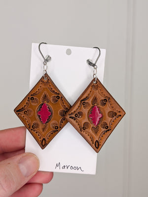 Leather earrings Diamond w/ Maroon