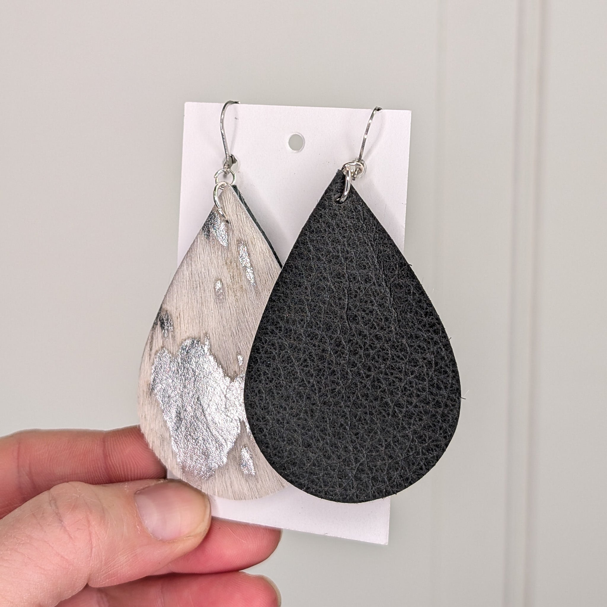 Leather earrings - Hair on Hide Silver