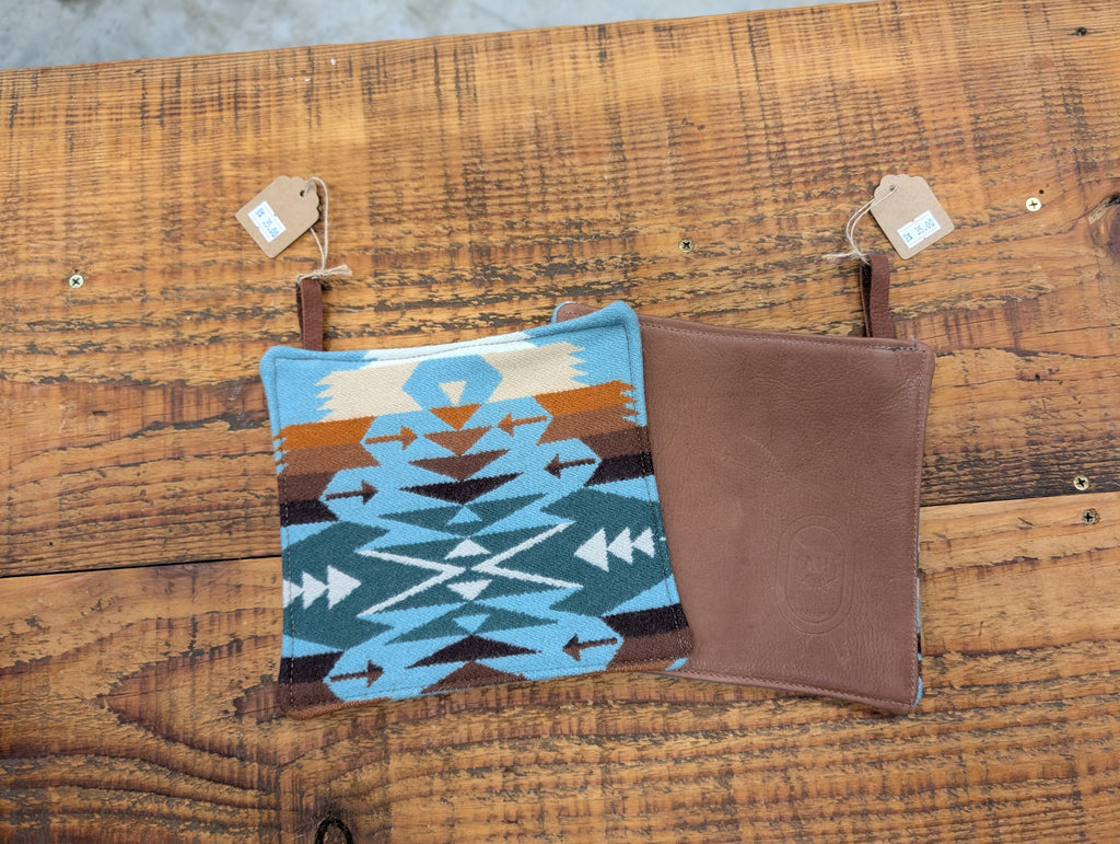 Potholder Pendleton Wool and Leather (Aqua)